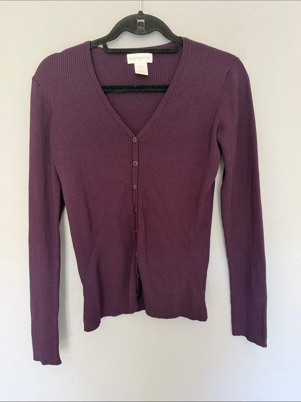 Worthington Women’s Deep Plum Ribbed V-Neck Button Cardigan Large